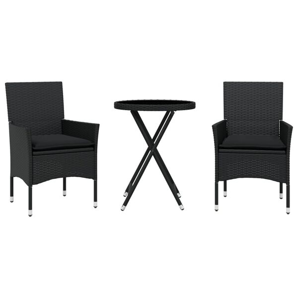 vidaXL Σετ Επίπλων Bistro 3 τεμ. Μαύρο Συνθ. Ρατάν/Γυαλί με Μαξιλάρια