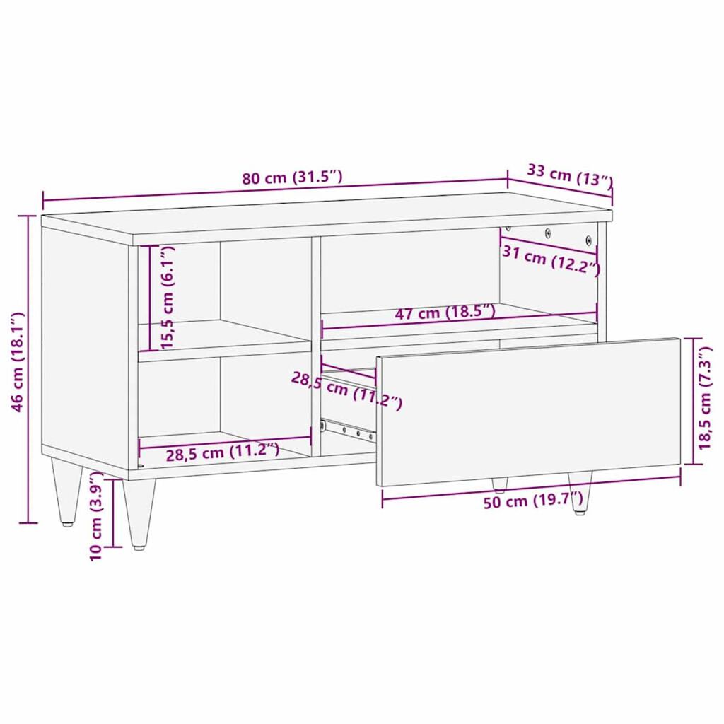 vidaXL Ντουλάπι TV με συρτάρι Λευκό 80 x 33 x 46 εκ Μασίφ ξύλο μάνγκο