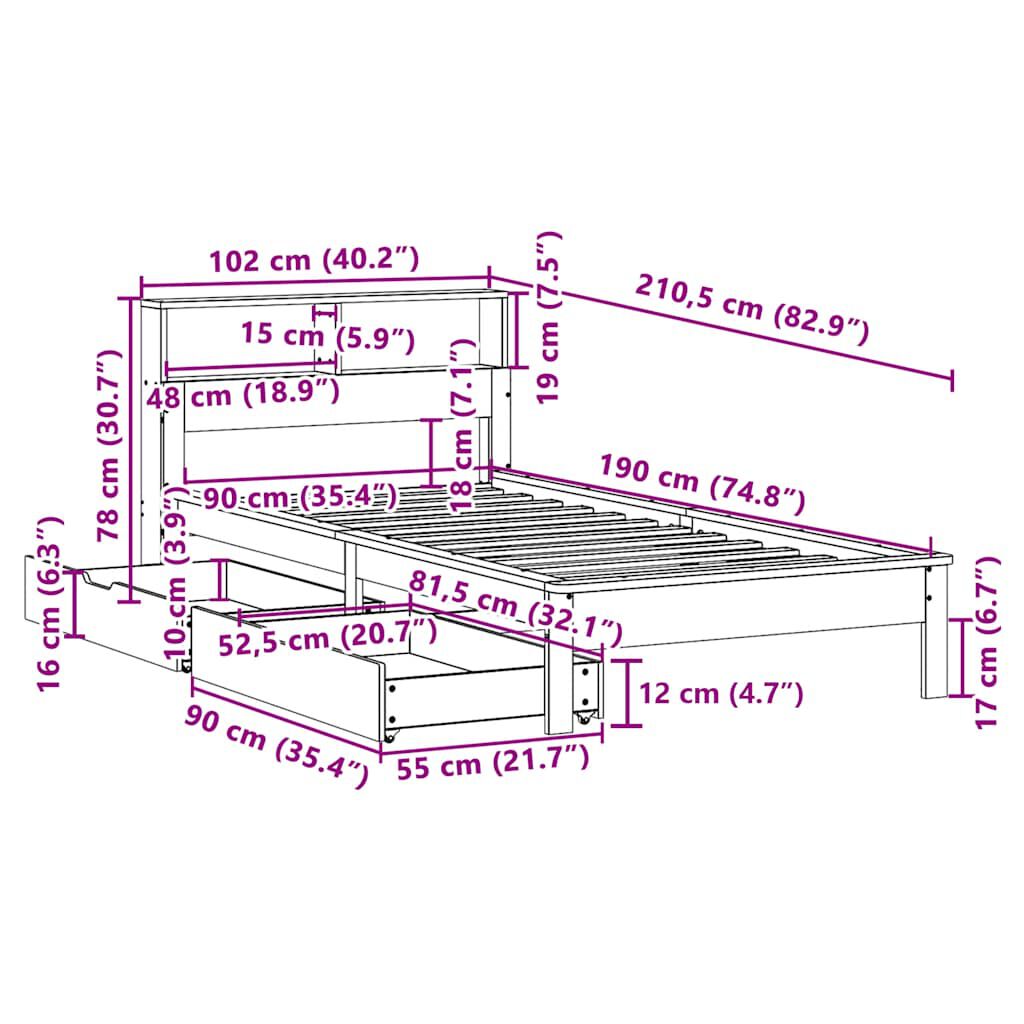 vidaXL Κρεβάτι Βιβλιοθήκη Χωρίς Στρώμα 90x190 εκ Μασίφ Ξύλο Πεύκου
