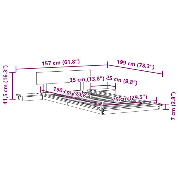 vidaXL Πλαίσιο Δαπέδου Κρεβατιού με Κομοδίνα 75x190 εκ Μασίφ Ξύλο
