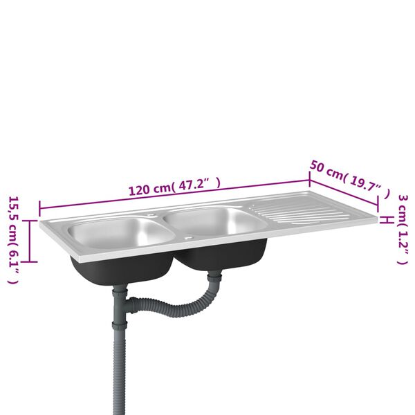 vidaXL Νεροχύτης Διπλή Γούρνα Ασημί 1200x500x155 χιλ. Ανοξείδ. Ατσάλι