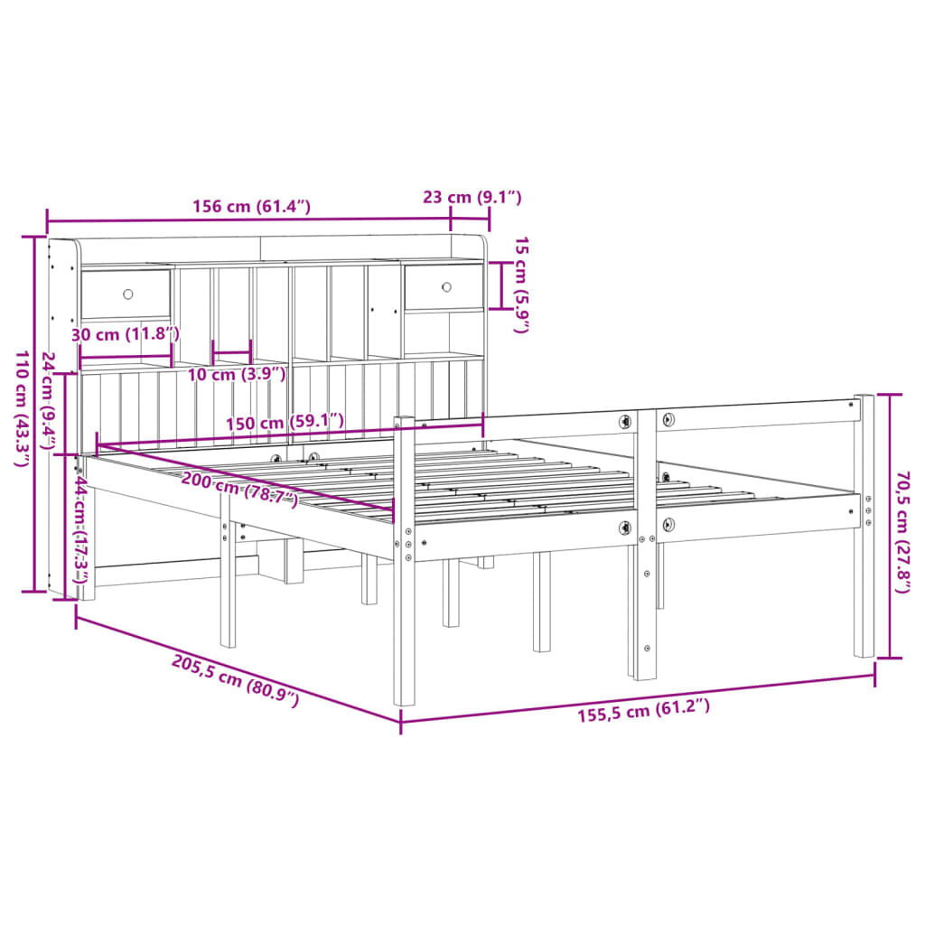 vidaXL Κρεβάτι Βιβλιοθήκη Χωρίς Στρώμα 150x200 εκ Μασίφ Ξύλο Πεύκου