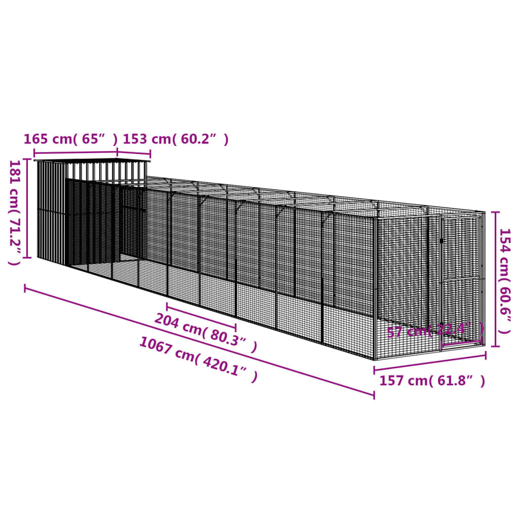 vidaXL Σπιτάκι Σκύλου με Αυλή Αν. Γκρι 165x1067x181 εκ Γαλβαν. Χάλυβας