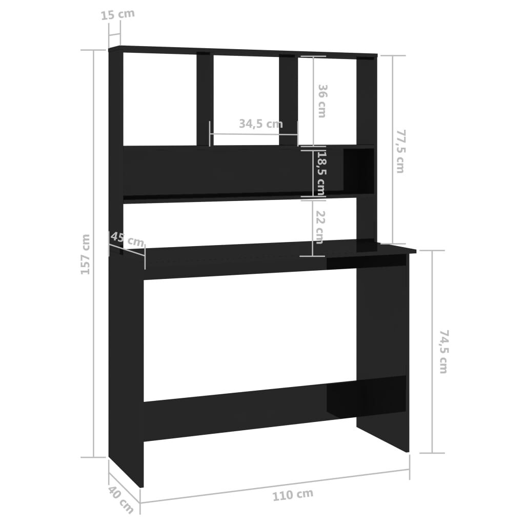 vidaXL Γραφείο με Ράφια Γυαλιστερό Μαύρο 110x45x157 εκ. Μοριοσανίδα
