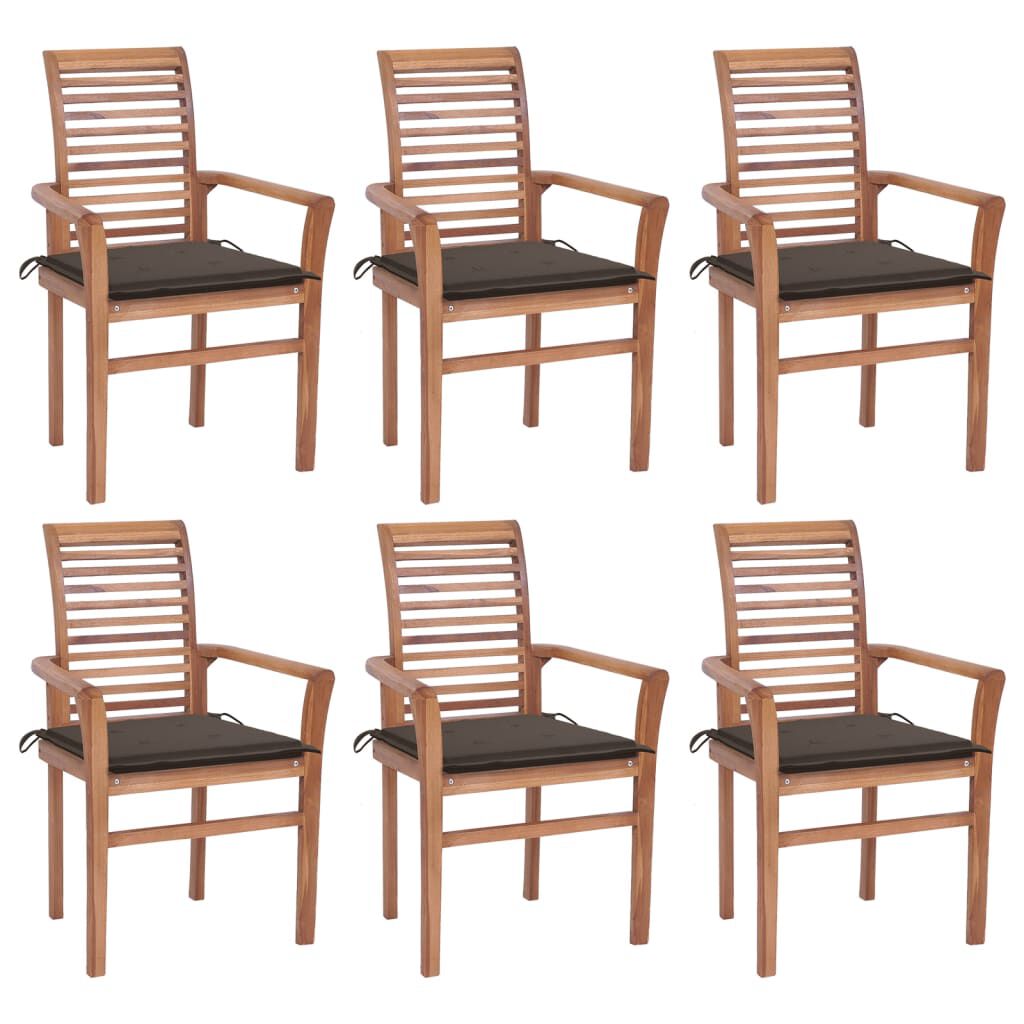 vidaXL Καρέκλες Τραπεζαρίας 6 τεμ. Μασίφ Ξύλο Teak & Taupe Μαξιλάρια