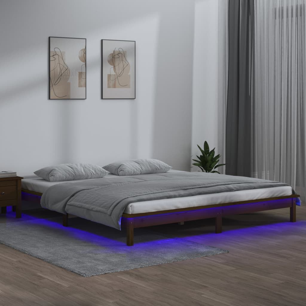 vidaXL Πλαίσιο Κρεβατιού Με LED Καφέ Μελί 140x200 εκ. από Μασίφ Ξύλο