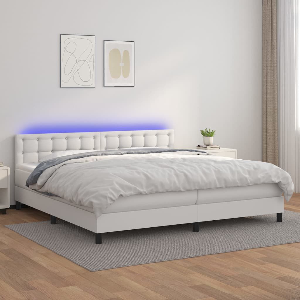 vidaXL Κρεβάτι Boxspring με Στρώμα & LED Λευκό 200x200 εκ. Συνθ. Δέρμα