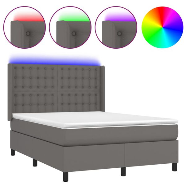 vidaXL Κρεβάτι Boxspring με Στρώμα & LED Γκρι 140x200 εκ. Συνθ. Δέρμα