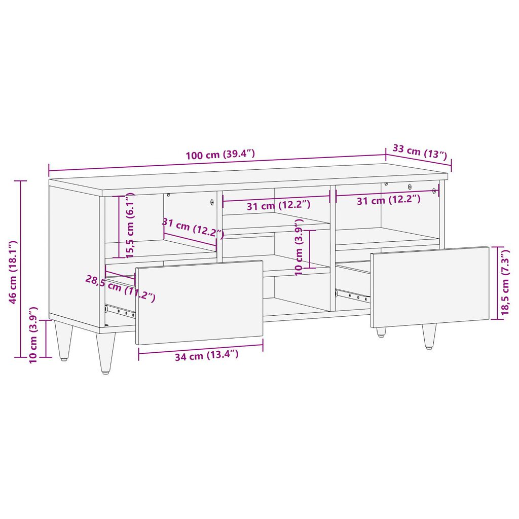 vidaXL Έπιπλο TV Καφέ μέλι Μασίφ ξύλο μάνγκο 100 x 33 x 46 εκ.