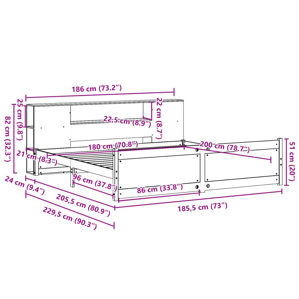 vidaXL Κρεβάτι Βιβλιοθήκη Χωρίς Στρώμα 180x200 εκ Μασίφ Ξύλο Πεύκου