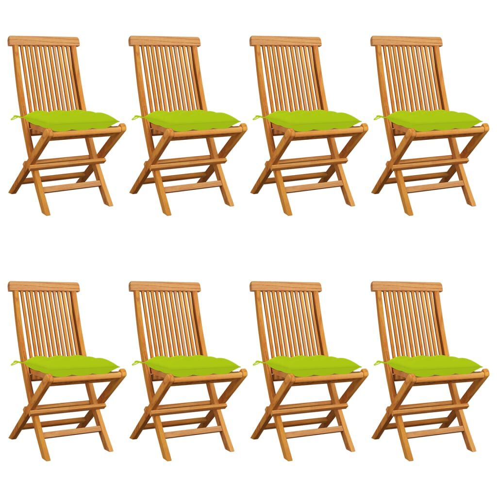 vidaXL Καρέκλες Κήπου 8 τεμ. Μασίφ Ξύλο Teak με Φωτ. Πράσινα Μαξιλάρια