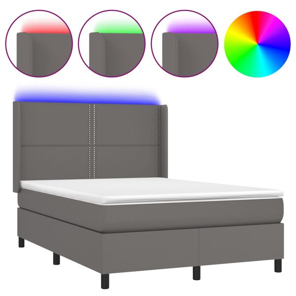 vidaXL Κρεβάτι Boxspring με Στρώμα & LED Γκρι 140x200 εκ. Συνθ. Δέρμα