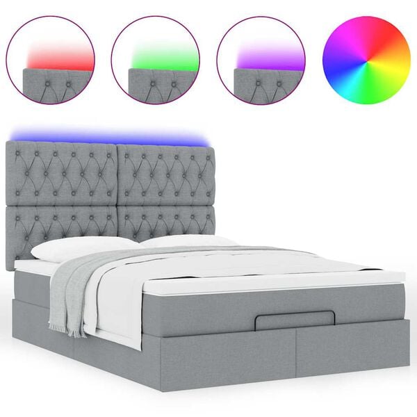 vidaXL Οθωμανικό κρεβάτι με στρώμα&LEDs Ανοιχτό γκρι 140x190cm Ύφασμα