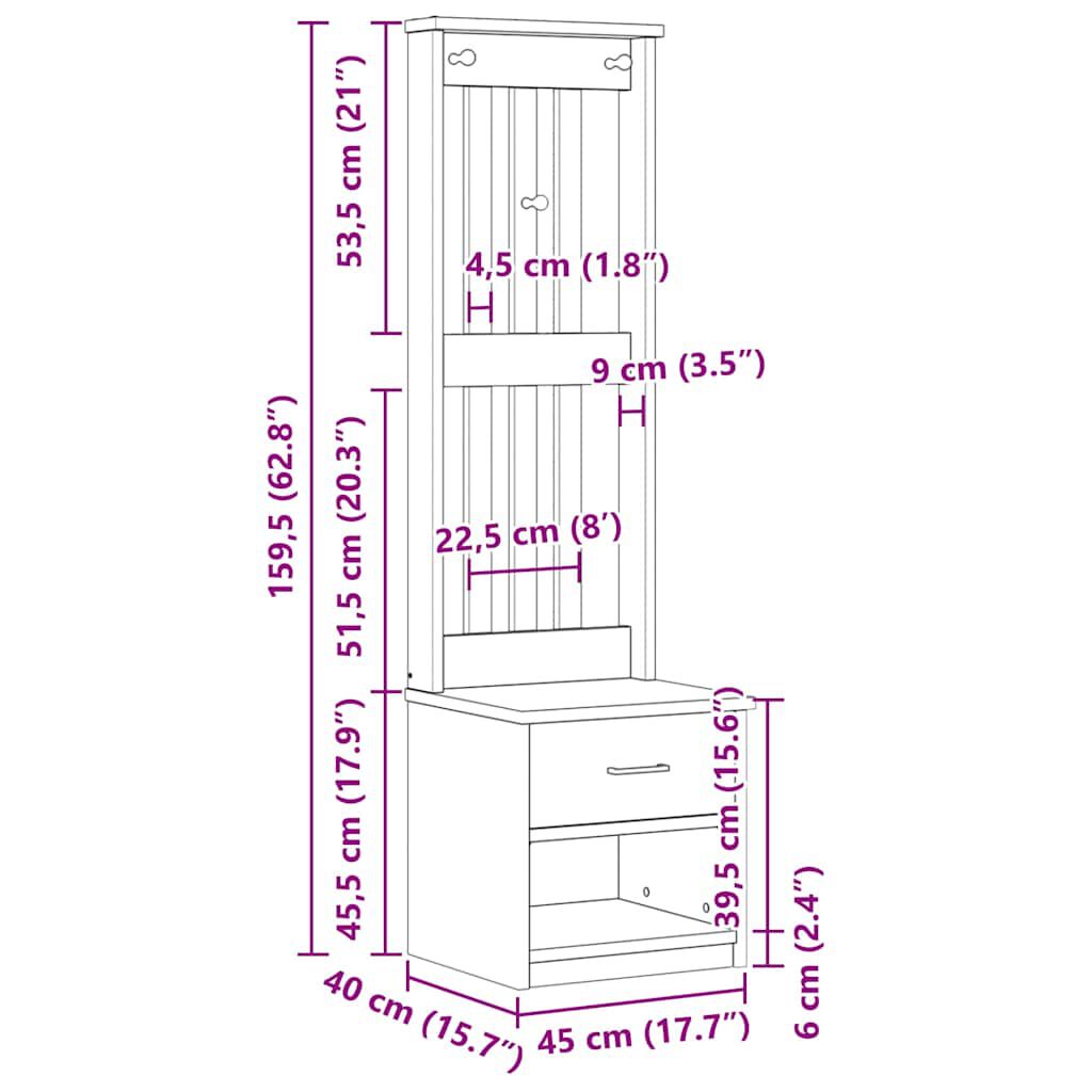 vidaXL Δέντρο χωλ SANDENS Λευκό 45x40x159,5 εκ. Πεύκο μασίφ ξύλο