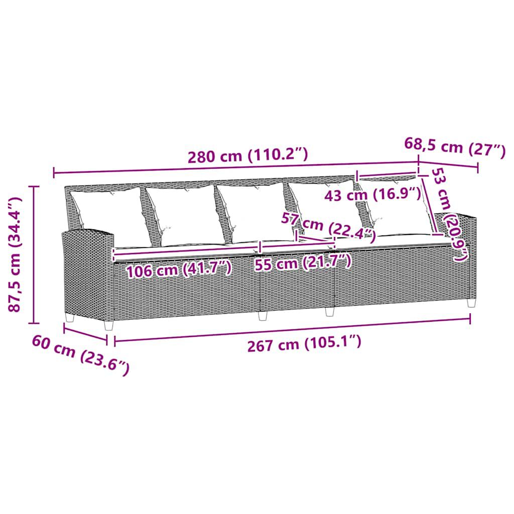 vidaXL Καναπές κήπου 5θέσιος με μαξιλάρια Brown Poly Rattan
