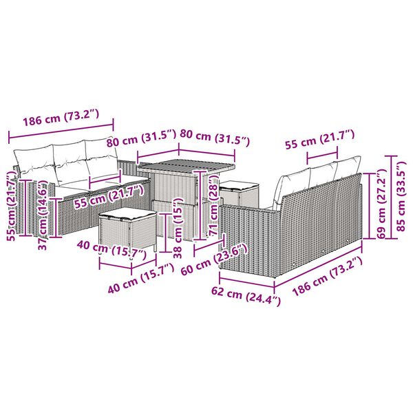 vidaXL Σετ Καναπέ Κήπου Ρυθμιζόμενο ύψος 9 pcs Μαύρο συνθετικό ρατάν
