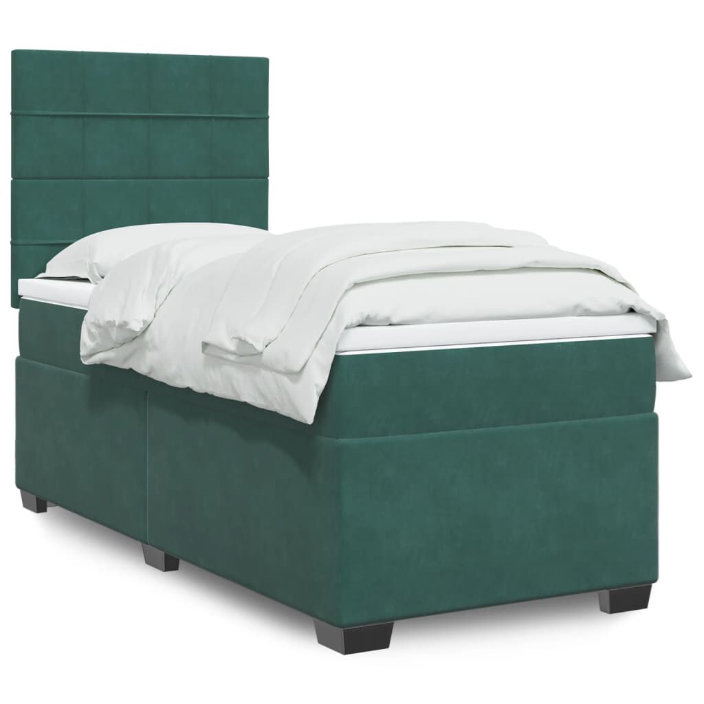 vidaXL Κρεβάτι Boxspring με Στρώμα Σκούρο Πράσινο 90x200 εκ. Βελούδινο