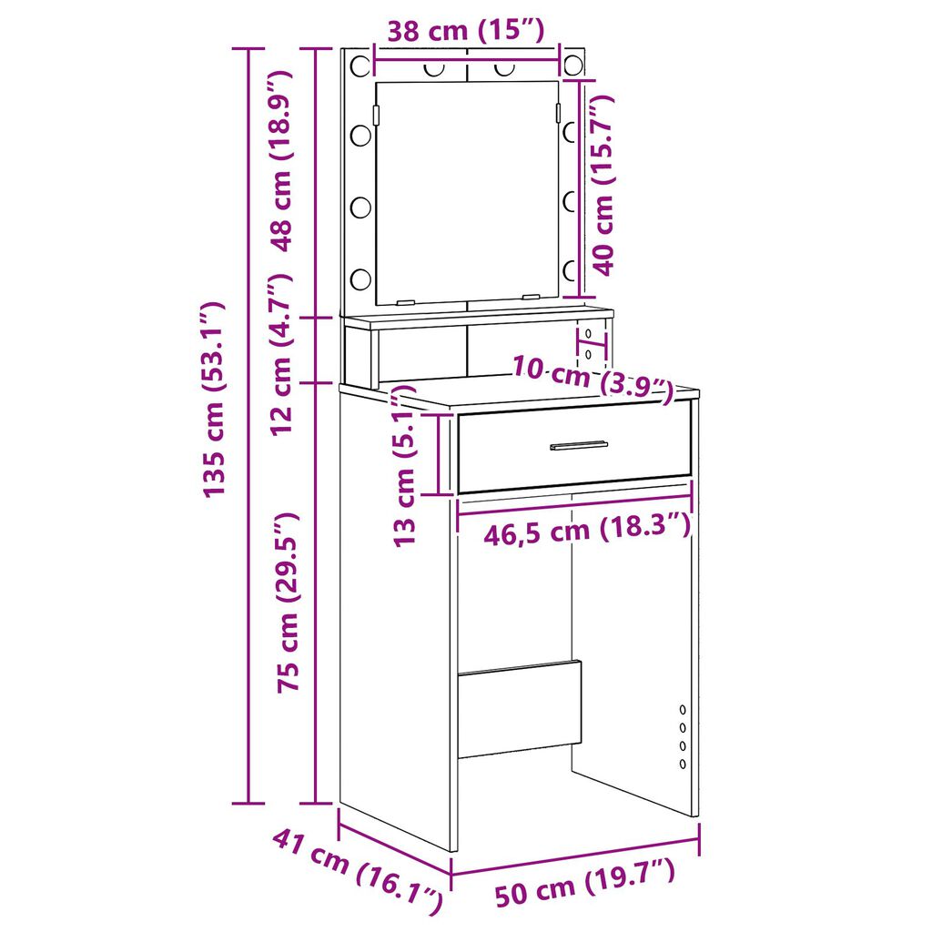 VidaXL Τραπέζι Ε dressing με LED Φώτα Γκρι Σκυρόδεμα 50x41x135 εκ.