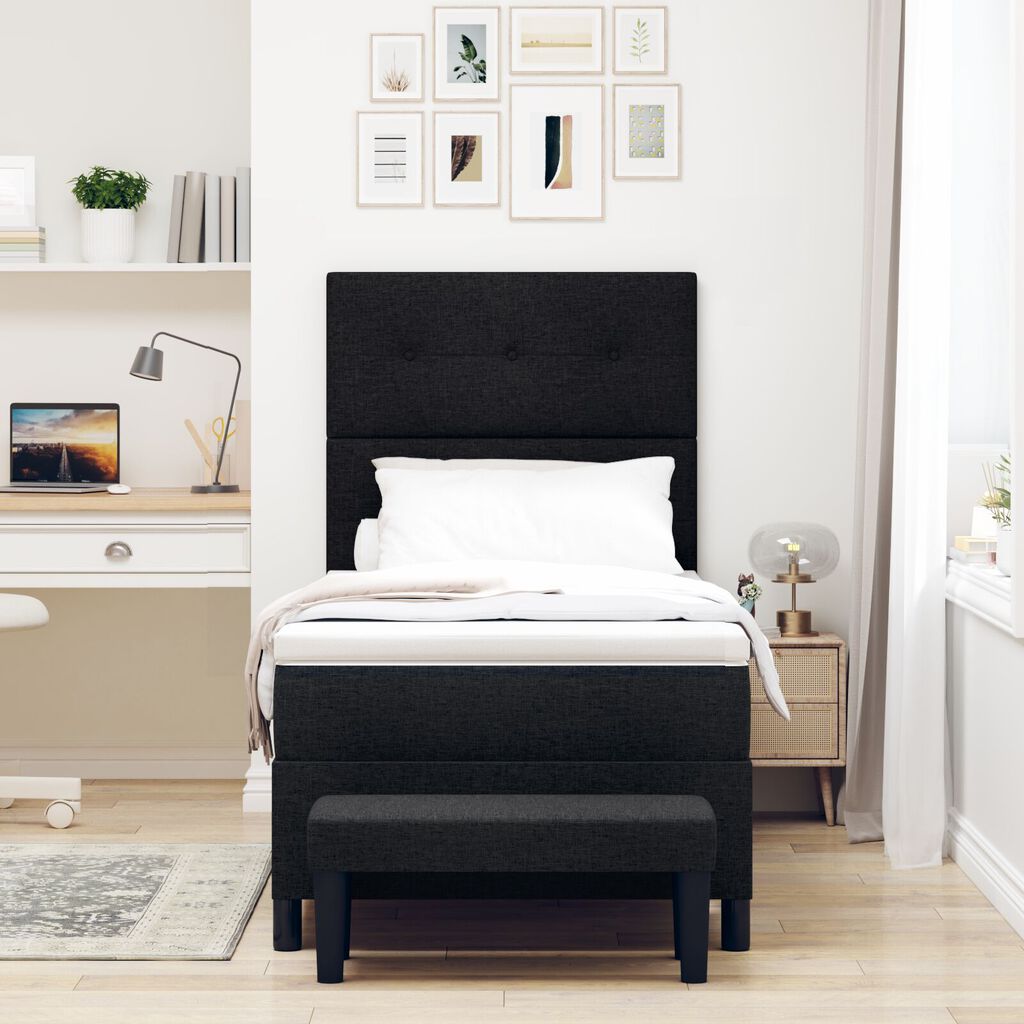 vidaXL Κρεβάτι Box Spring με Στρώμα & Παγκάκι Μαύρο 100x200 εκ. Ύφασμα