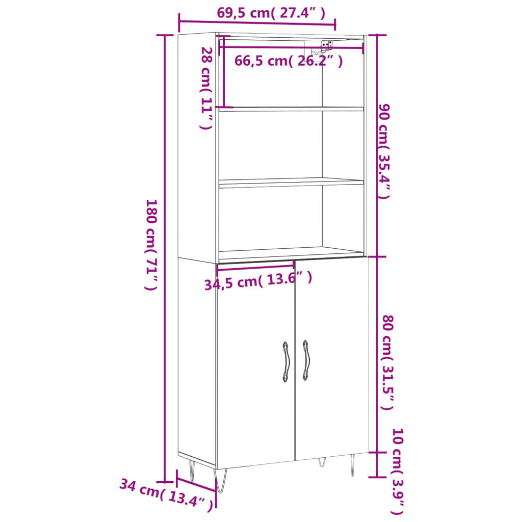 vidaXL Ντουλάπι Μαύρο 69,5x34x180 εκ. από Επεξεργασμένο Ξύλο