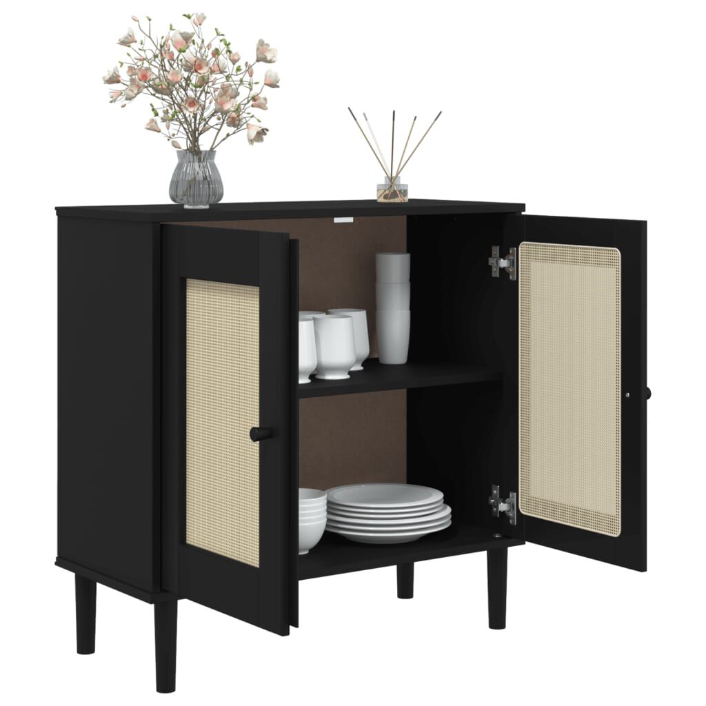 vidaXL Μπουφές SENJA Μαύρο / Ρατάν 80 x 35 x 80 εκ. Μασίφ Ξύλο Πεύκου