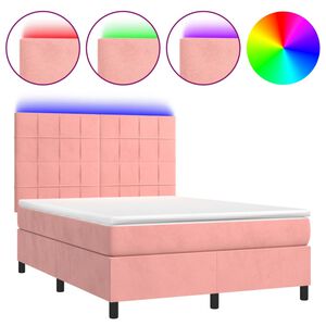 vidaXL Κρεβάτι Boxspring με Στρώμα & LED Ροζ 140x190 εκ. Βελούδινο
