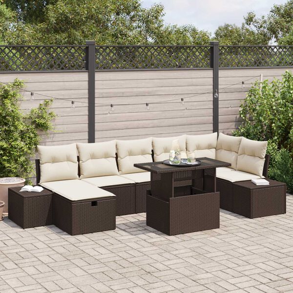 vidaXL Σετ Καναπέ Κήπου με μαξιλάρι 8 pcs Καφέ Πολυ ράταν