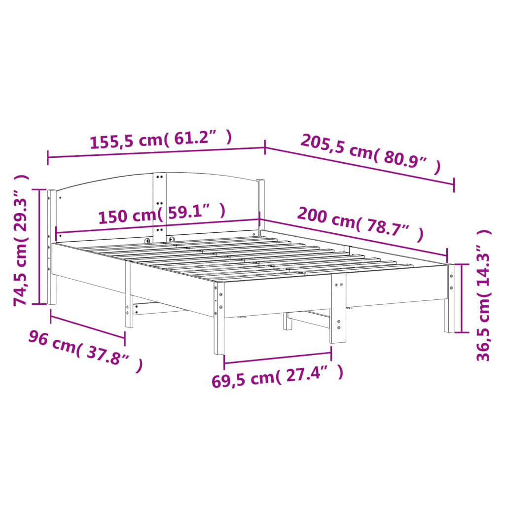 vidaXL Σκελετός Κρεβατιού Χωρίς Στρώμα 150x200 εκ Μασίφ Ξύλο Πεύκου