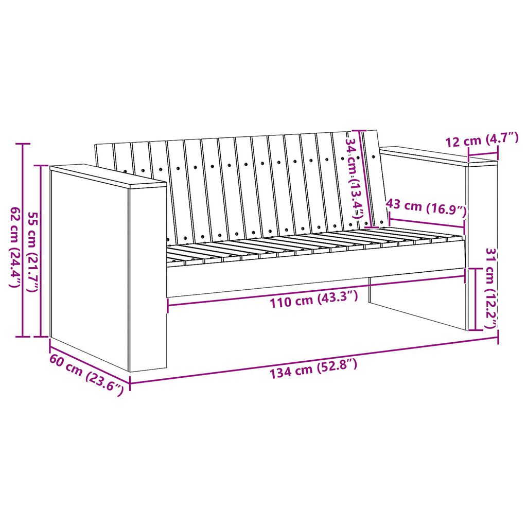 vidaXL Καναπές Κήπου Διθέσιος 134x60x62 cm Λευκός Μασίφ Ξύλο Πεύκο