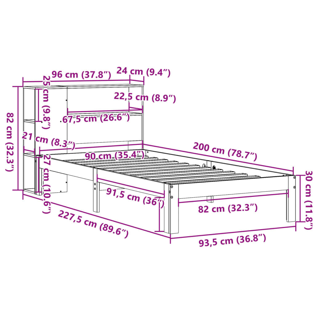 vidaXL Κρεβάτι Βιβλιοθήκη Χωρίς Στρώμα 90x200 εκ Μασίφ Ξύλο Πεύκου