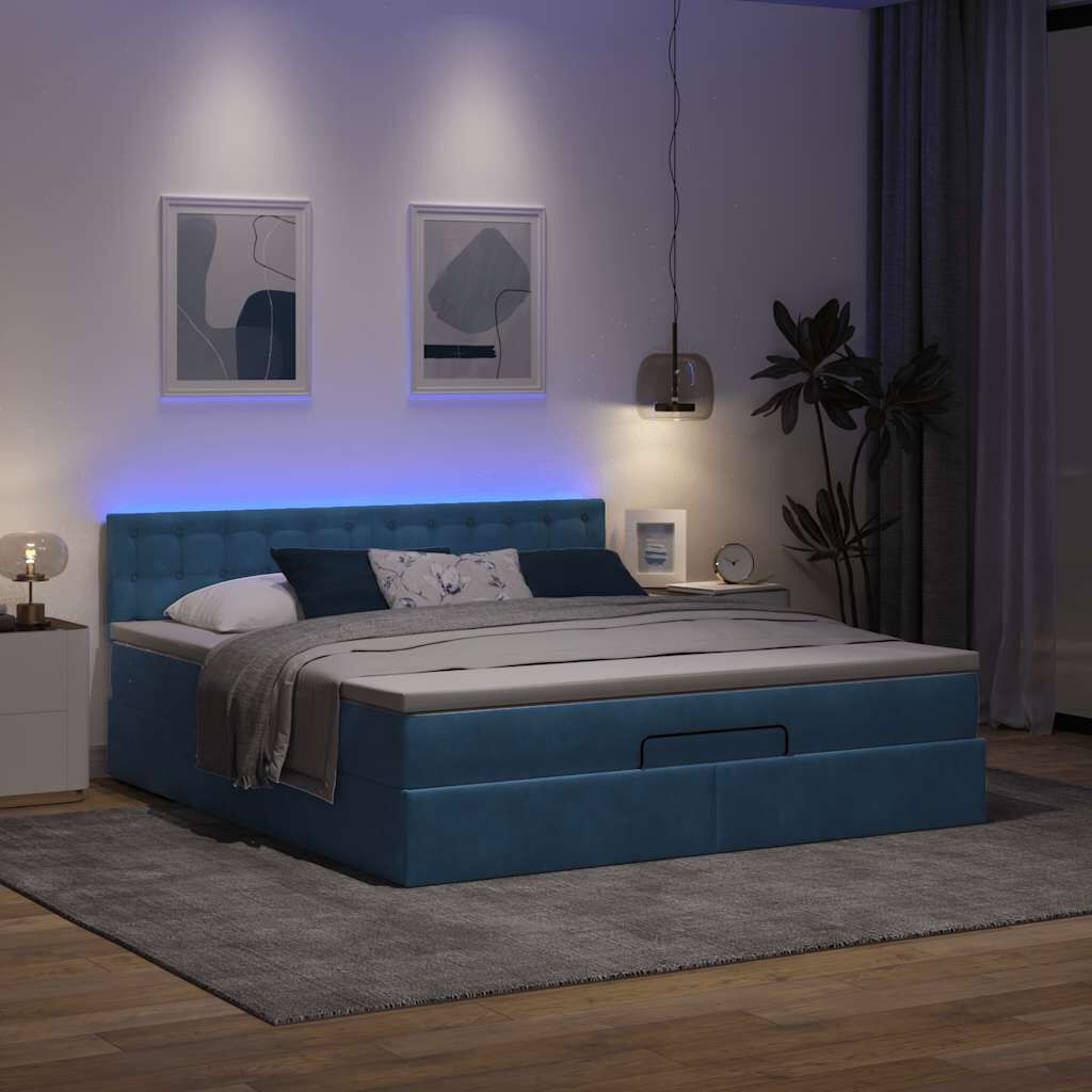 vidaXL Οθωμανικό κρεβάτι με στρώμα&LEDs Σκούρο μπλε 160x200cm Βελούδο