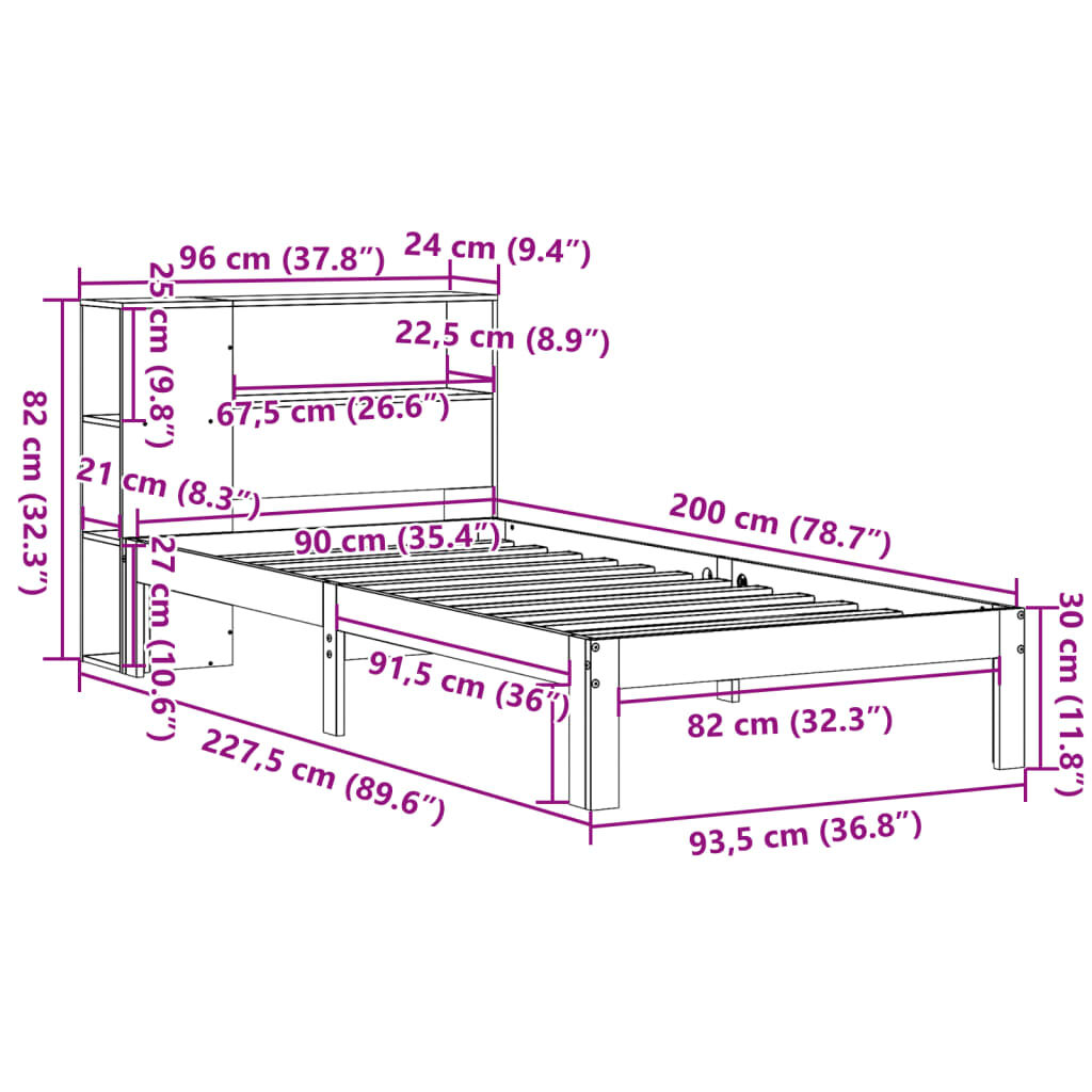 vidaXL Κρεβάτι Βιβλιοθήκη Χωρίς Στρώμα 90x200 εκ. Μασίφ Ξύλο Πεύκου