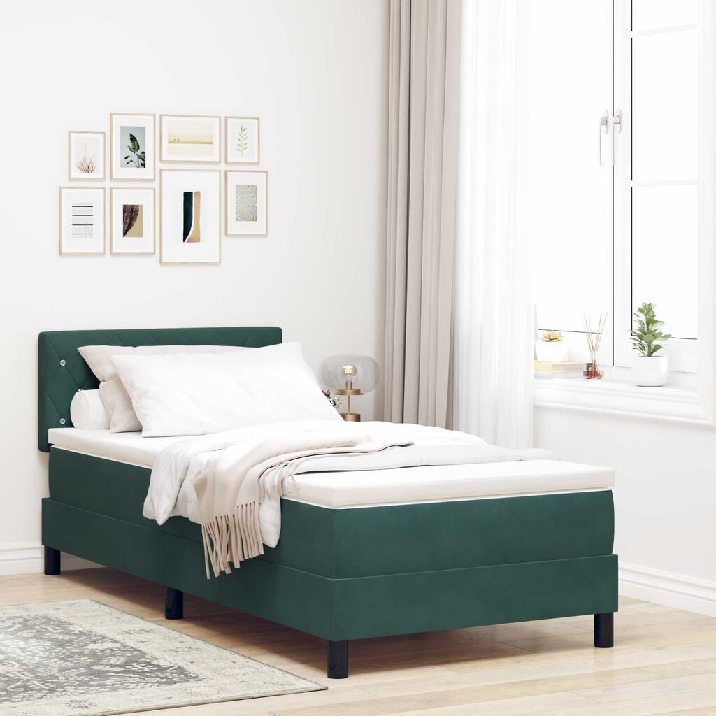 κρεβάτι box spring με μαξιλάρι και LED vidaXL σκούρο πράσινο 90x190 εκ. βελούδο