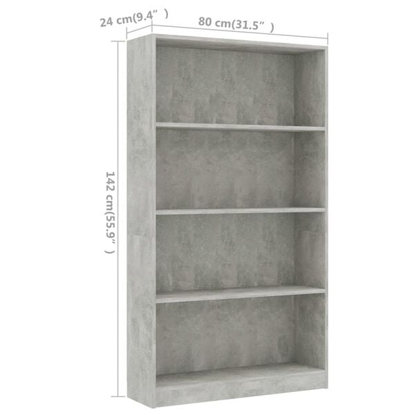 vidaXL Βιβλιοθήκη με 4 Ράφια Γκρι Σκυροδέμ. 80x24x142 εκ. Επεξ. Ξύλο
