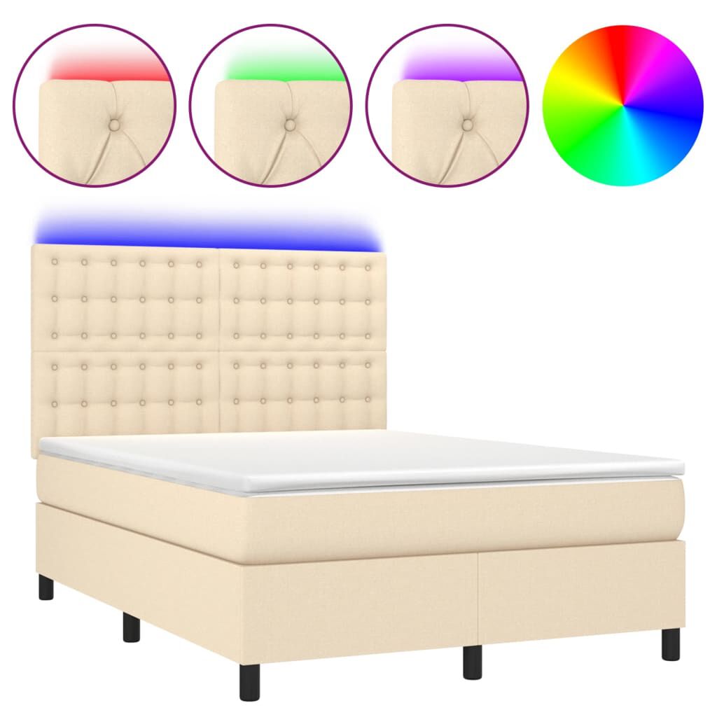 vidaXL Κρεβάτι Boxspring με Στρώμα & LED Κρεμ 140x190 εκ. Υφασμάτινο