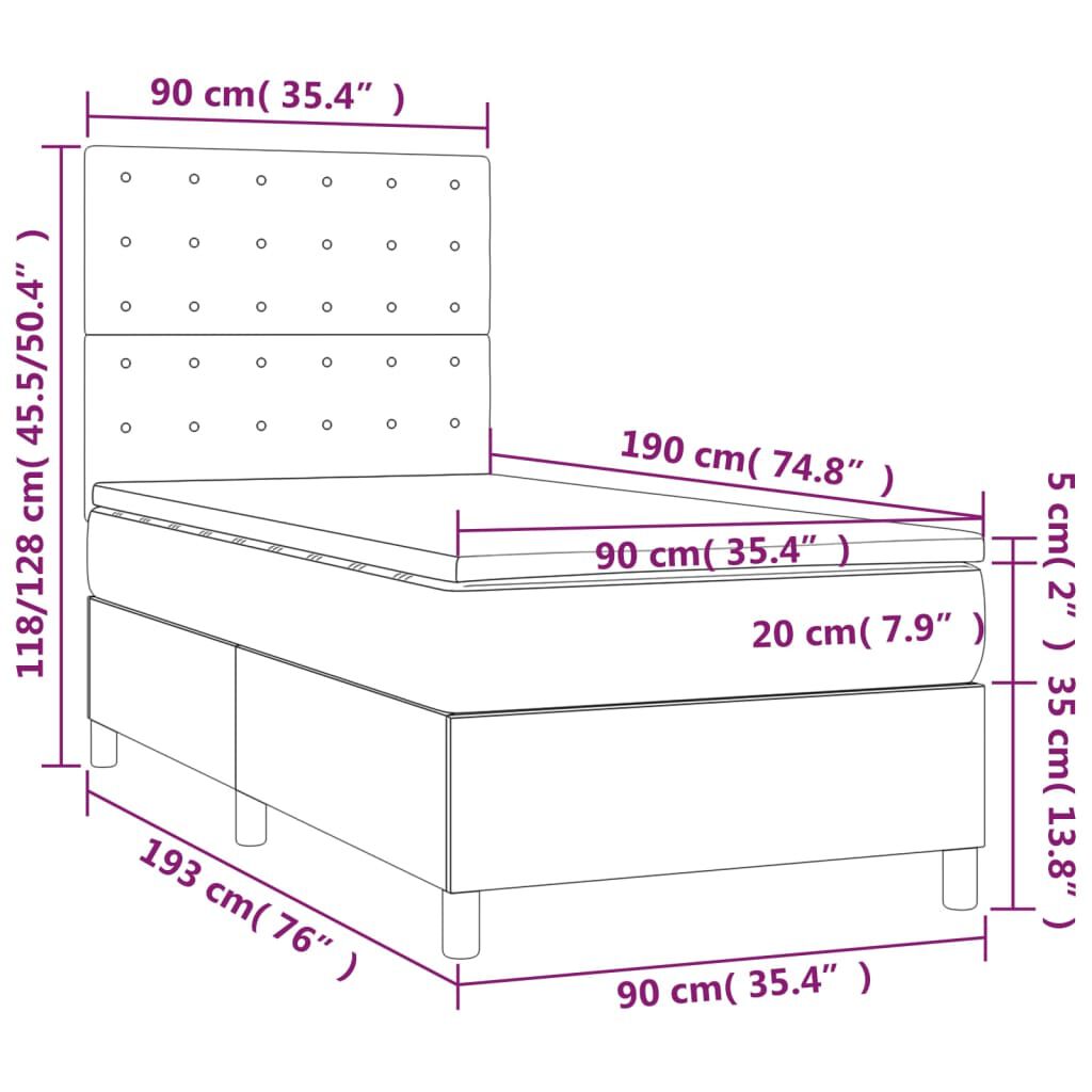vidaXL Κρεβάτι Boxspring με Στρώμα & LED Μαύρο 90x190 εκ. Υφασμάτινο