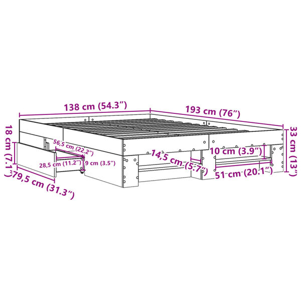 vidaXL Πλαίσιο Κρεβατιού Καπνιστή Δρυς 135x190 εκ. Επεξεργασμένο Ξύλο