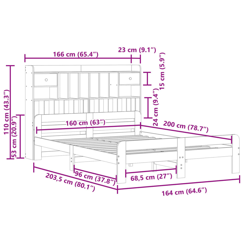 vidaXL Κρεβάτι Βιβλιοθήκη Χωρίς Στρώμα 160x200 εκ Μασίφ Ξύλο Πεύκου