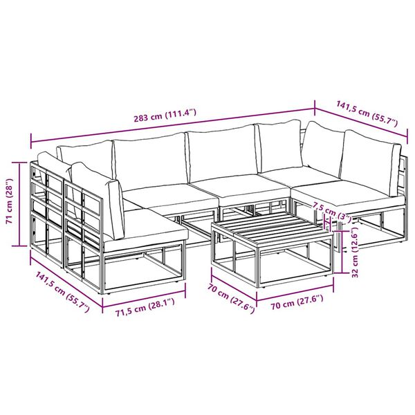 vidaXL Σετ Καναπέ Κήπου με μαξιλάρι 7 pcs Μαύρο Αλουμίνιο