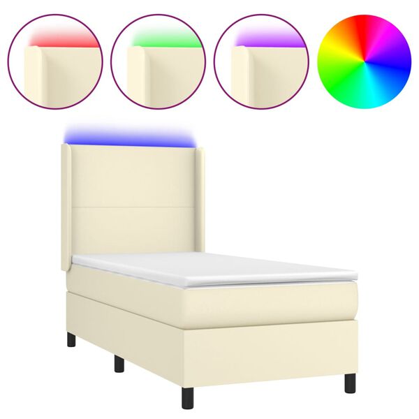 vidaXL Κρεβάτι Boxspring με Στρώμα & LED Κρεμ 90x200 εκ. Συνθ. Δέρμα