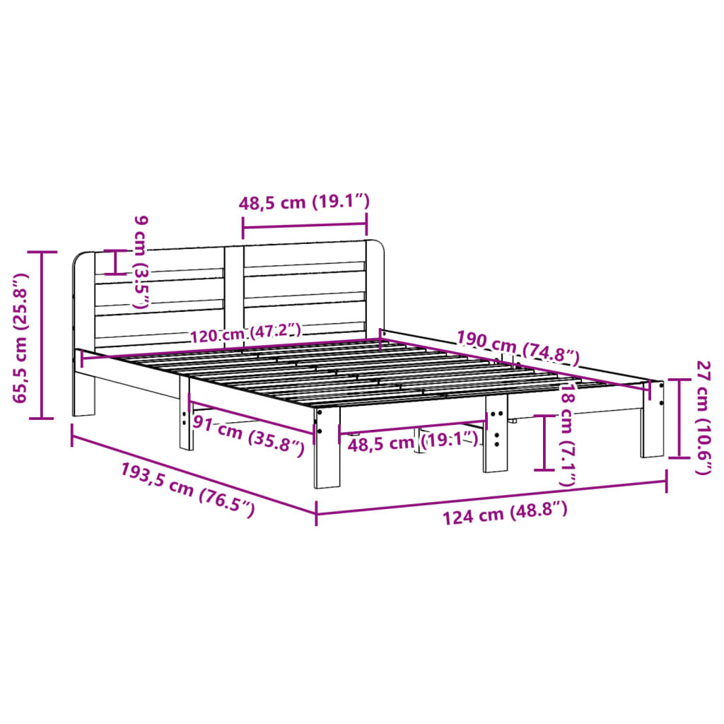 vidaXL Σκελετός Κρεβατιού Χωρίς Στρώμα 120x190 εκ Μασίφ Ξύλο Πεύκου