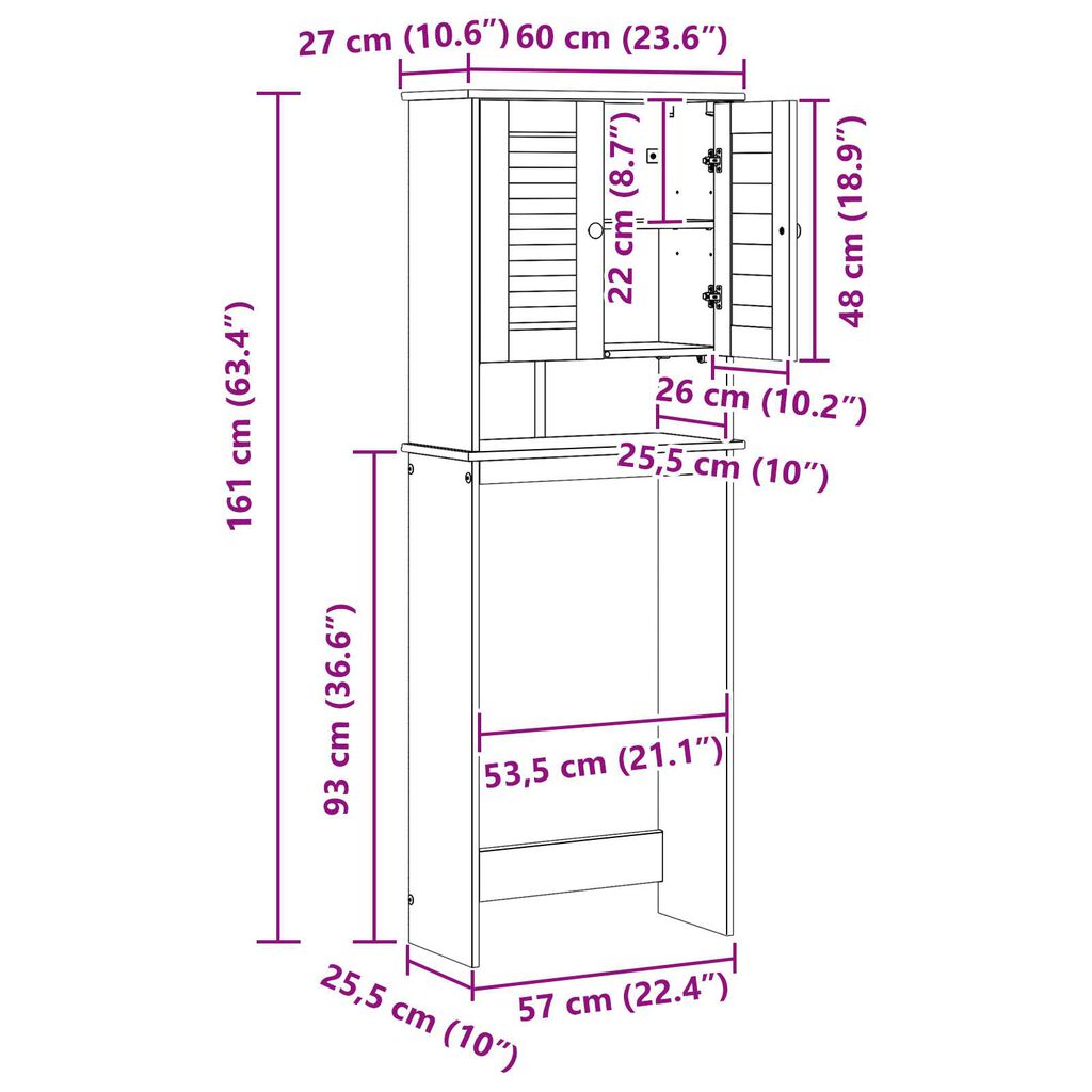 vidaXL Ντουλάπα τουαλέτας καφέ μελί 60 x 27 x 161 εκ Μασίφ ξύλο πεύκου