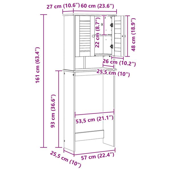 vidaXL Ντουλάπα τουαλέτας καφέ μελί 60 x 27 x 161 εκ Μασίφ ξύλο πεύκου