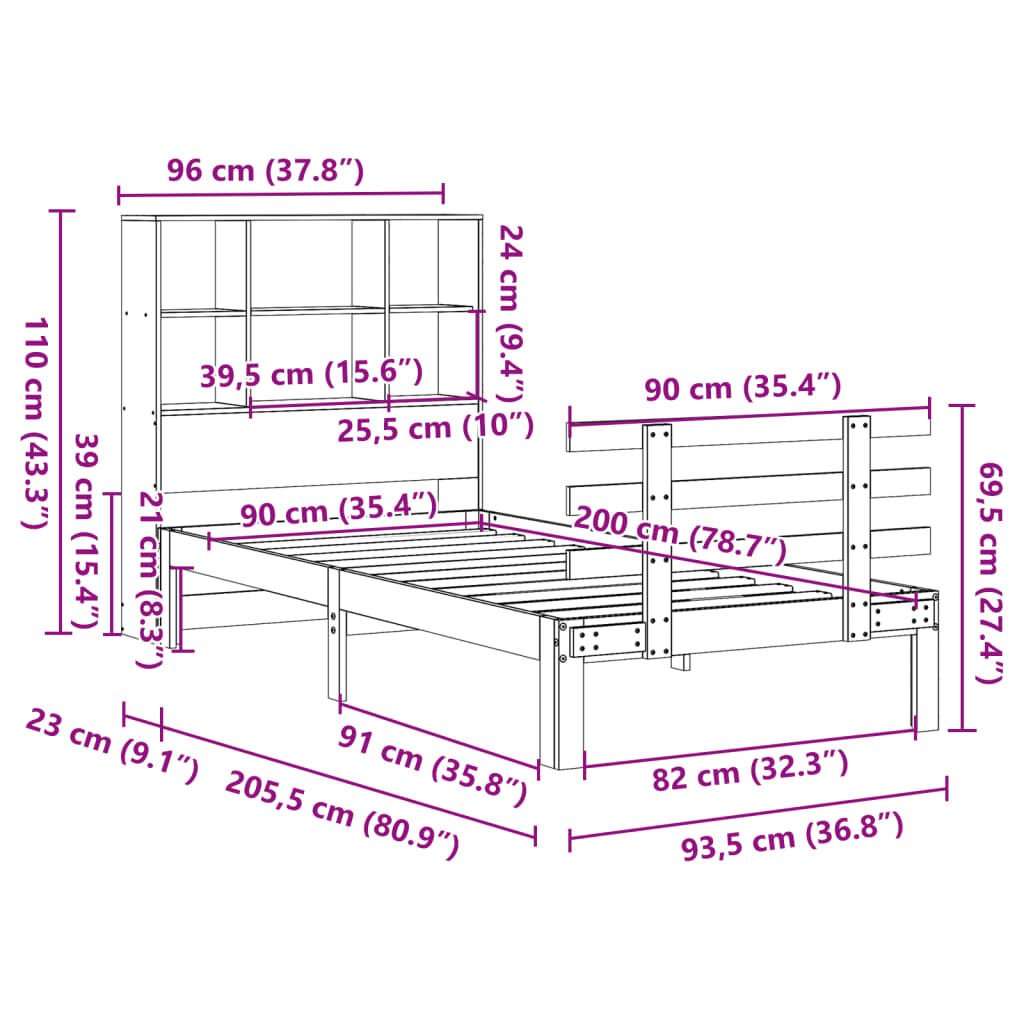 vidaXL Κρεβάτι Βιβλιοθήκη Χωρίς Στρώμα 90x200 εκ Μασίφ Ξύλο Πεύκου