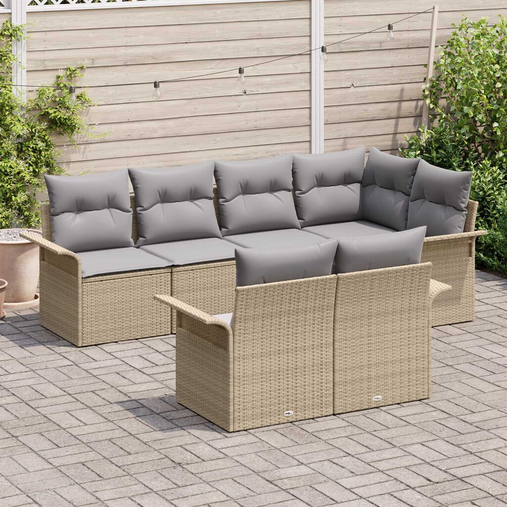 vidaXL Σετ Καναπέ Κήπου με μαξιλάρι 7 pcs Μπεζ Πολυ ράταν