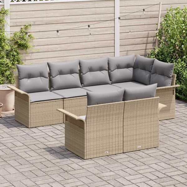 vidaXL Σετ Καναπέ Κήπου με μαξιλάρι 7 pcs Μπεζ Πολυ ράταν