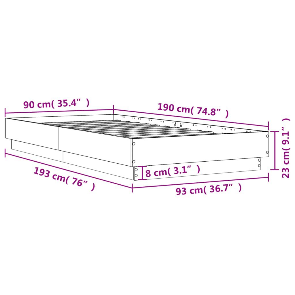 vidaXL Πλαίσιο Κρεβατιού με λυχνίες LED Καφέ Δρυς 90 x 190 εκ.