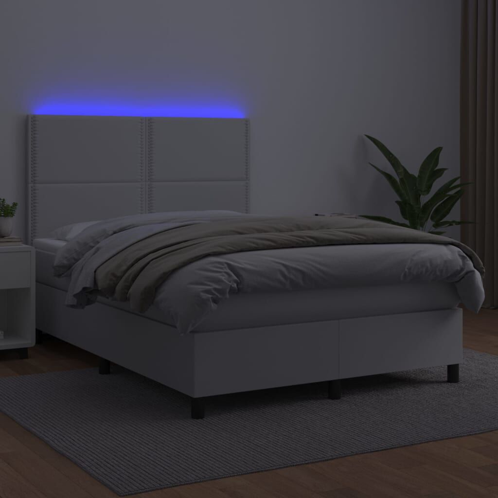vidaXL Κρεβάτι Boxspring με Στρώμα & LED Λευκό 140x190 εκ. Συνθ. Δέρμα