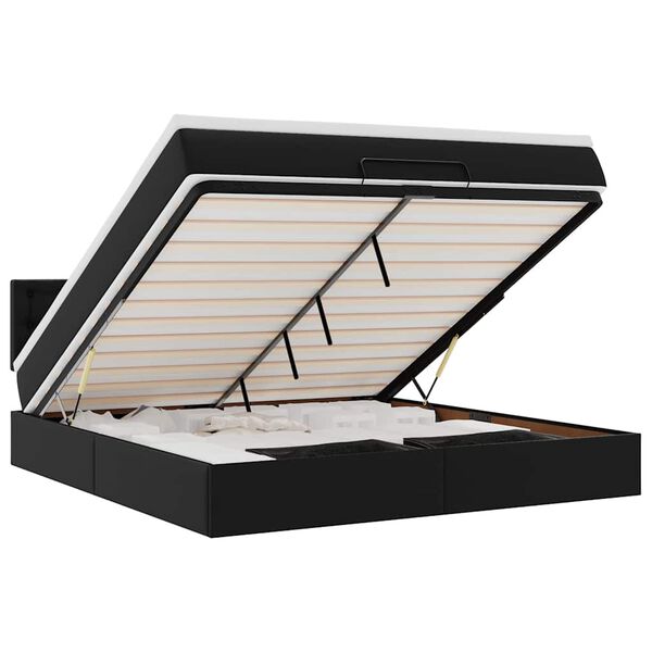 vidaXL Οθωμανικό κρεβάτι με στρώματα & LEDs Μαύρο Faux Leather