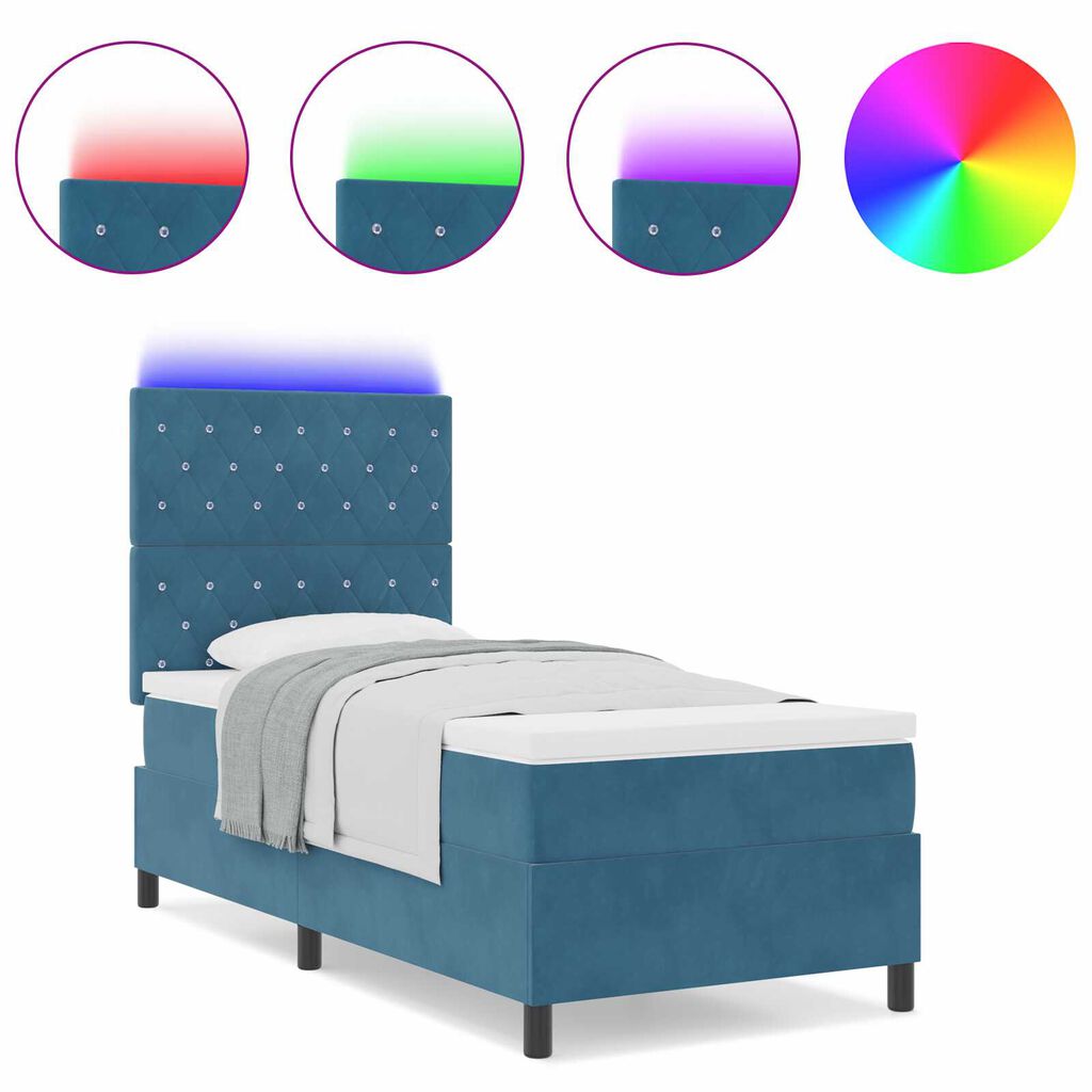 vidaXL κρεβάτι τύπου box spring με στρώμα και LED σκούρο μπλε 90x190 εκατοστά βελούδο